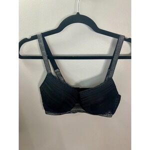 Black Lace Push Up Bra Silver Glitter Metallic Straps Underwire Size 85C SHEIN